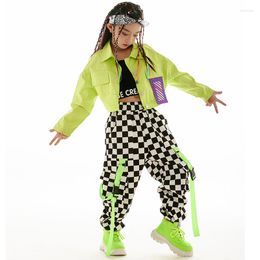 Stage Wear Fashion Girls Clothes Green Jacket Chequered Pants Long Sleeves Kids Hip Hop Costume Jazz Dance Kpop Outfit BL9562