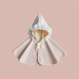 Jackets Cloak Korean Thickening Autumn Winter Season 2023 Children Clothing Lace Hooded Warm Plush Cape Lovely Button