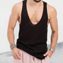 Men's Tank Tops Spring Summer Casual Loose Solid Knitted Tank Tops Men's Clothes Fashion Sleeveless V Neck Camisole Mens Leisure Vest Shirt 230422