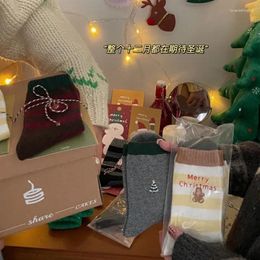 Women Socks INS Winter Cute Style Year's Christmas Wool Embroidered Snowman Santa Claus Solid Colour Striped Women's