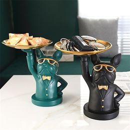 Nordic French Bulldog Sculpture Dog Figurine Statue Key Jewellery Storage Table Decoration Gift With Plate Glasses Drop 210924207r