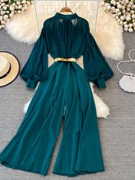 Women's Jumpsuits Rompers Vintage Women Jumpsuits Autumn Lantern Long Sleeve Stand Collar High Waist Wide Leg Draped Romper Female Elegant Playsuits 230422