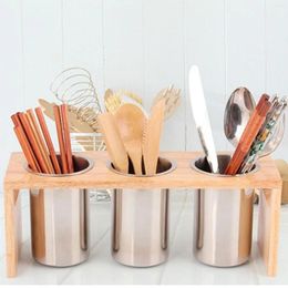 Kitchen Storage Utensil Caddy Stainless Steel Compartments Stable Wooden Frame Draining Holes Flatware For Home Countertop