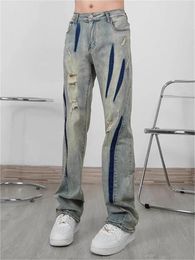 Men's Jeans American Style High Street Colour Contrast Distressed Micro Flared For Straight Tube Slimming Trend Brand Washed Pant