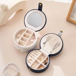 Jewellery Pouches Double Layer Portable Storage Box Small Round Travel PU Leather Organiser Bag Necklace Earrings Display Case With Mirror