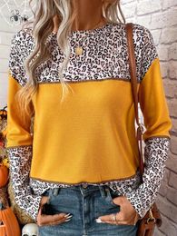 Women's T Shirts Leopard Color Block O-Neck Blouse 2023 Autumn Elegant Women Casual Long Sleeve Loose Fashion Splicing Tricolor Vacation