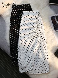 Skirts Syiwidii Shirring Side Slit Women's Skirts Polka Dot Print White High Waist Back Elastic Band Elegant Ladies Midi Long Skirt 230422