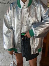Sier Reflective Baseball Jersey For Women Long Sleeve Zipper Pocket Panelled Female Jacket Autumn High Street Lady Coat