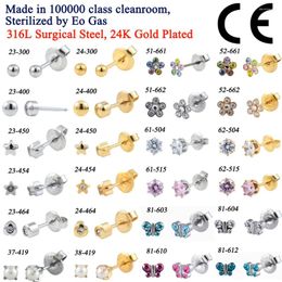 Stud Earrings 1Pair 316L Steel 24K Gold Plated Ear CZ Heart Star Flower Crown Sterilised Pack Nickel Free Women Baby