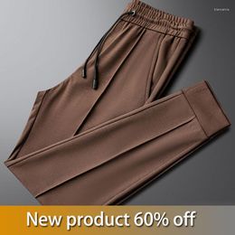 Men's Pants Coffee Color Casual Sports Men's Summer Thin Style Embroidery Slim-fit Bunched Feet Anti-wrinkle Heavy Weight Tide