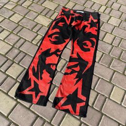 Men's Jeans Retro Gothic Red Devil Print Oversized For Men Y2K Street Hip Hop Harajuku High Waist Loose Wide Leg Pants Women