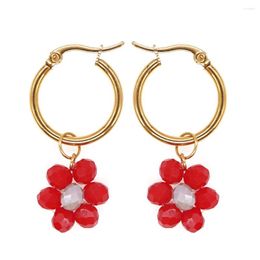 Dangle Earrings Bohemian Vintage Crystal Beads Women Ethnic Elegant Stainless Steel Red Flower Drop Jewellery Gift Wholesale