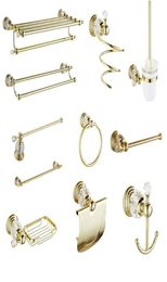 Bath Accessory Set Polished Gold Bathroom Accessories White Crystal Decoration Hardware Solid Brass Double Towel Ring HolderBath1421936