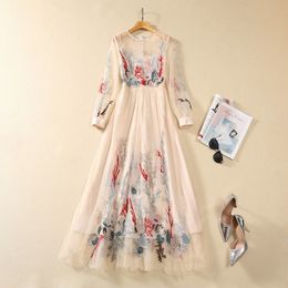 2024 Spring Multicolor Paisley Embroidery Tulle Dress Long Sleeve Round Neck Panelled Long Maxi Casual Dresses S3N121102
