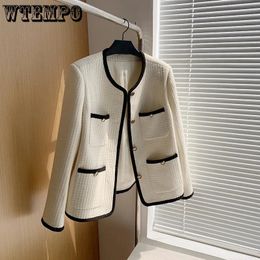 Womens Wool Blends WTEMPO S3XL Vintage Tweed Jackets Korean Fashion Elegant Coats Women Spring Fall Luxury Outwear Single Breasted Streetwear 231123