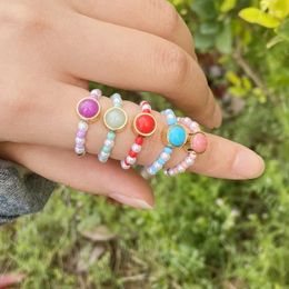 Cluster Rings Bohemia Colorful Rice Bead Pearl Handmade Woven Natural Stone Elastic For Women Girl Stainless Steel Geometric