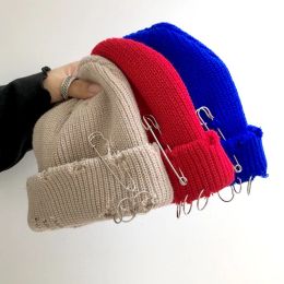 New Winter Beanies Skullies Knitted Hats for Women Men Fashion Warm Thick Autumn Hip Hop Unisex Basic Couple Cap With Holes Pins