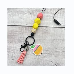 Pencil Silicone faceted beads Breakaway Apple shape Teach Monogram tassel lanyard Badge keychain necklace for teachers day gifts 2024