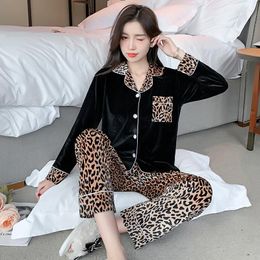 Women's Sleepwear Spring And Winter Golden Velvet Pyjamas Lady Leopard Print Long Sleeves Two Suit Cardigans Can Be Worn Outside The Home