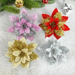 Decorative Flowers 5Pcs 14cm Christmas Artifical Glitter Poinsettia For Tree Ornaments Flower Party Decoration Supplies