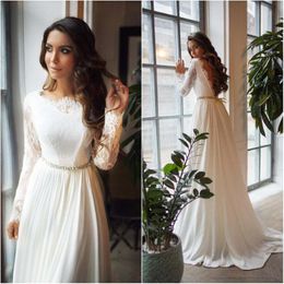 Lace and Chiffon A-line Wedding Dresses Long Sleeves Sweep Train Backless Wedding Gown