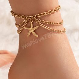 Vintage Starfish Pendant Multi-Layer Ankle Bracelets Stainless Steel Anklets for Women Jewellery Gift Anklet Chain Accessories