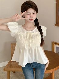 Women's Blouses Y2k Solid Blouse Women Clothing O-neck Puff Sleeve Summer Shirts 2023 Blusas Mujer De Moda Loose Pleated Bow Sweet Tops