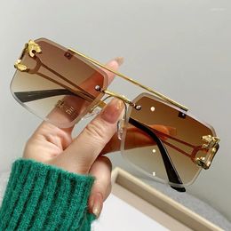 Sunglasses Double Beams Rimless Leopard Vintage Metal Frame Sun Glasses For Men And Women Retro UV400 Eyewear Gafas De Sol