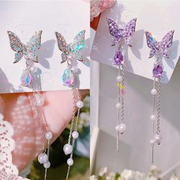 Dangle Earrings MWSONYA 2023 Korean Shiny Butterfly Rhinestone Drop For Women Elegant Pearl Tassel Pendientes Jewelry Gift