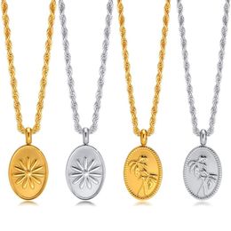 Pendant Necklaces Chic Flower Coconut Tree Stamp For Women Jewelry 2023 Fashion Stainless Steel Oval Round With Rope Chain