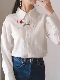 Women's Blouses Handmade Floral Rose Embroidery Long Sleeved Button Up Shirt For Women In Spring And Autumn 2023 Fashionable Versatile