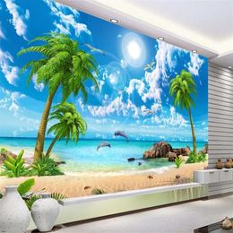 HD lindo papel de parede mar coco praia paisagem 3D papéis de parede para sala de estar sofá TV pano de fundo252y