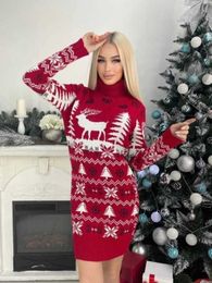 Women's Knits Tees 2023 Christmas Themed Slimming Elk Christmas Tree Jacquard Long-sleeved Sweater Dress T231123