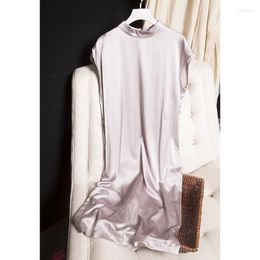 Casual Dresses Silk Dress Short-sleeved Pullover Solid Color Loose Waist Silver Gray Mulberry Mid-length