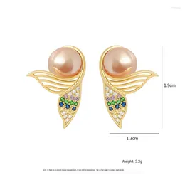 Stud Earrings Fishtail Pearl Simple Temperament Female Design Sense Net Red Micro-inset Color Zircon S925 Silver Needle