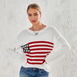 Women s Sweaters Long Sleeve Crewneck Flag Print Loose Knitwear Women Autumn Winter Knit Sweater Casual Tops Streetwear Black White Pink Blue 231123