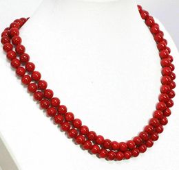 Chains 2 Rows 6-7mm Red / Pink Japan Sea Coral Round Gemstones Beads Necklace