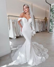 2023 Simple Mermaid Wedding Dresses Satin Off Shoulder Illusion Short Sleeves Lace Appliques Bridal Gowns Plus Size vestido de noiva Custom Made Sweep Train