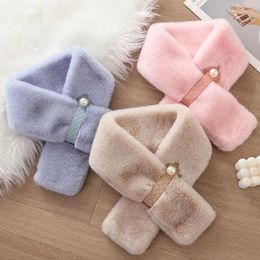 Scarves Korean Girls' Winter Faux Fur Pearl Thicken Neck Protection Cross Plush Scarf Women Outdoor Skiing Windproof Warm