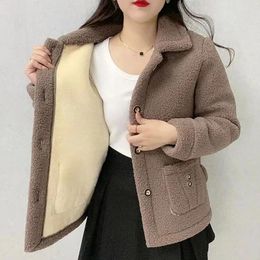 Women's Jackets Zoki Winter Warm Faux Lamb Wool Coats Korean Loose Solid Lapel Long Sleeve Casual Parkas Fashion Single-Breasted Fuzzy