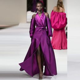 Modern Front Slit A Line Evening Dresses Purple Off The Shoulder Formal Gown With Belt Satin Womens Robe De Soiree 326