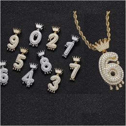 Pendant Necklaces 18K Gold Arabic Numerals Zircon Crown Hip Hop Necklace 60Cm Chain Jewellery Set Iced Out Diamond Number Pendant Neckla Dhgi9