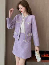 Work Dresses SMTHMA Autumn Winter French High-End Luxury Beaded Jacket Coat Small Fragrance Style Two Piece Sets Women's Short Skirt