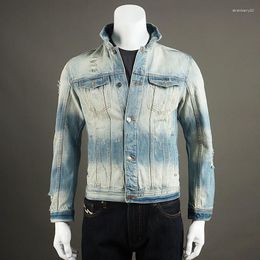 Men's Jackets Fashion Designer Men Jacket High Quality Retro Washed Blue Casual Denim Ripped Coat Patched Vintage Chaquetas Hombre