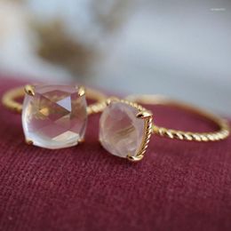 Cluster Rings Inspired Design Pink Spar Faceted Square Engagement For Women Golden Twisted Pattern Light Luxury Charm Jewellery