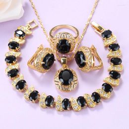 Necklace Earrings Set Wedding Bridal Big Gold Color African Sets For Women Black Cubic Zirconia Charm Bracelet And Ring