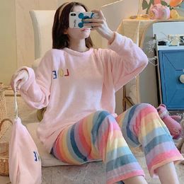 Women's Sleepwear Pyjama Winter Homewear Pajamas Casual Mujer Striped Piece Sets Ladies Velvet 2 Pjs Flannel Pijama Autumn Warm