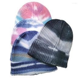 Berets 2023 Winter Unisex Tie Dyed Knitted Hat Colourful Skull Baggy Retro Ski Fisherman Docker Beanie