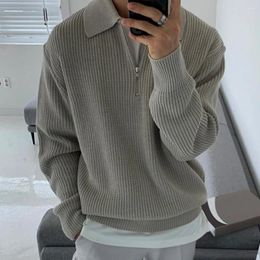 Men's Sweaters Lightweight Men Sweater Zipper Knit With Lapel Solid Color Long Sleeve Soft Warm Mid-length Casual For Fall