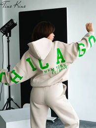 Women s Two Piece Pants Letter Casual Set Women Fleece Hooded Long Sleeve Tracksuit 2023 Spring Fashion Ladies Sport Outfits 231123
